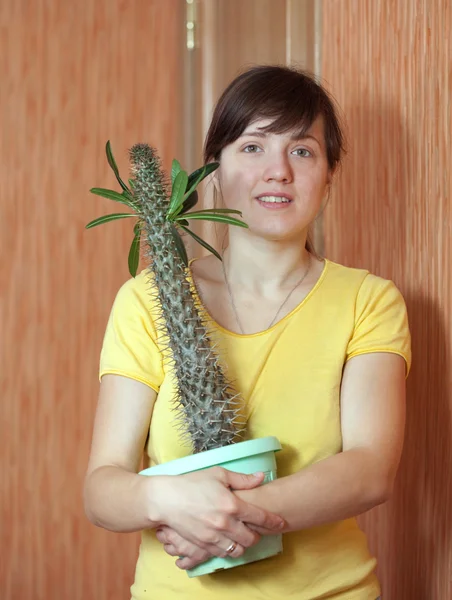 Girl with Pachypodium cactus — Stock Photo, Image