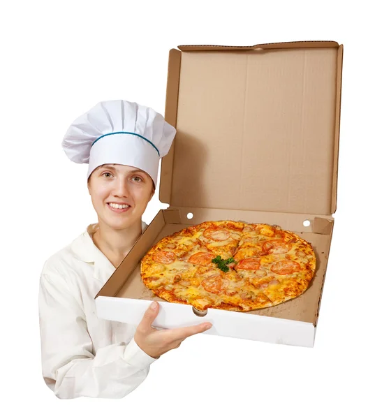Cook with pizza. Isolated over white Stock Picture