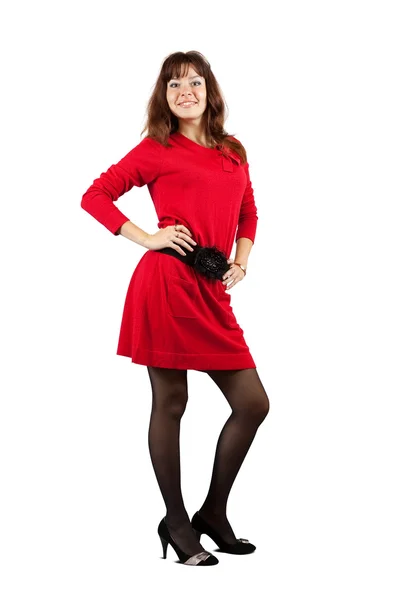 Menina em vestido vermelho sobre branco — Fotografia de Stock