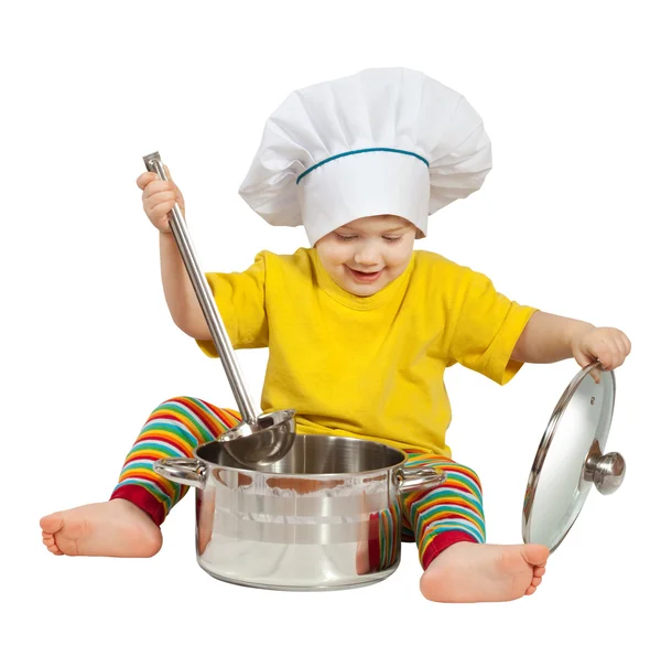 Dziecko gotować z patelni. na białym tle nad białym — Zdjęcie stockowe
