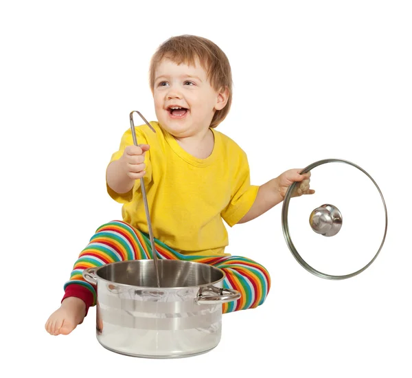 Μωρό μάγειρας με το τηγάνι. απομονωθεί σε λευκό — Φωτογραφία Αρχείου