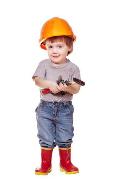 Criança de chapéu duro com ferramentas. Isolado sobre branco — Fotografia de Stock