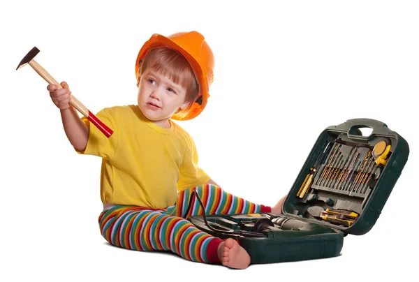 Niño en hardhat con caja de herramientas. Aislado sobre blanco —  Fotos de Stock