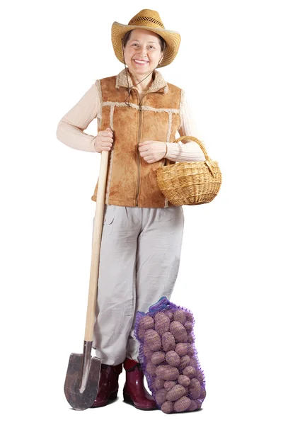 Woman with spade and harvested potato — Stock Photo, Image