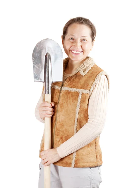 Женщина с лопатой на белом — стоковое фото