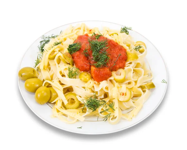 Pasta with chicken and olives — Stock Photo, Image