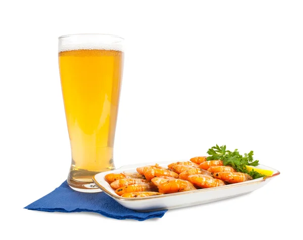 Cerveja e camarões fritos — Fotografia de Stock