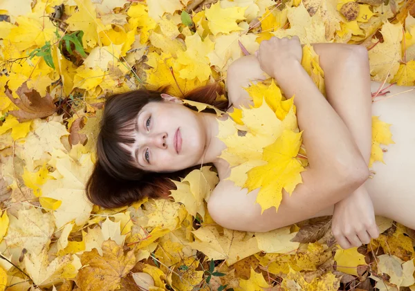 Naken tjej ligger i lönn löv — Stockfoto