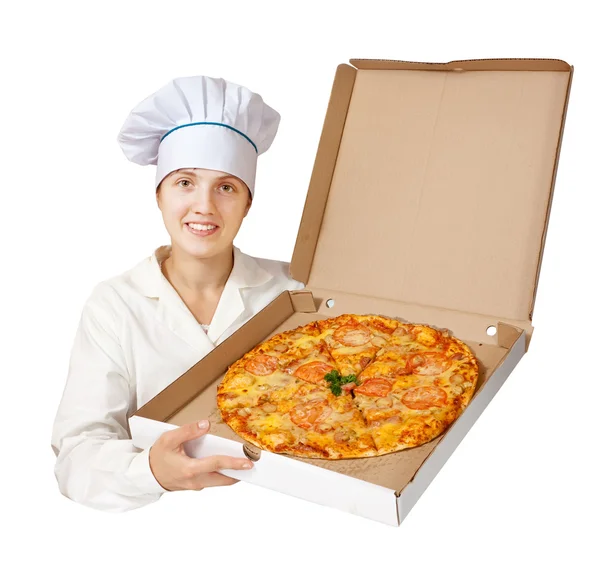 stock image Cook with pizza. Isolated over white