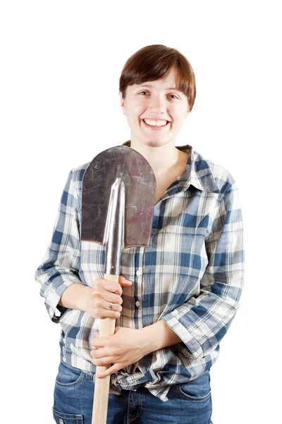 Mutlu bir kadın spade ile — Stok fotoğraf