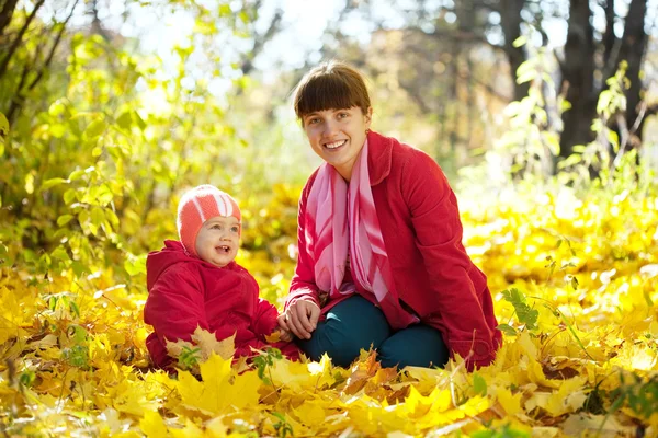 Mother and baby in autumn park — Stok fotoğraf