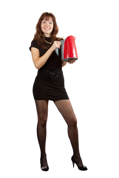 女孩与茶叶电水壶 — 图库照片