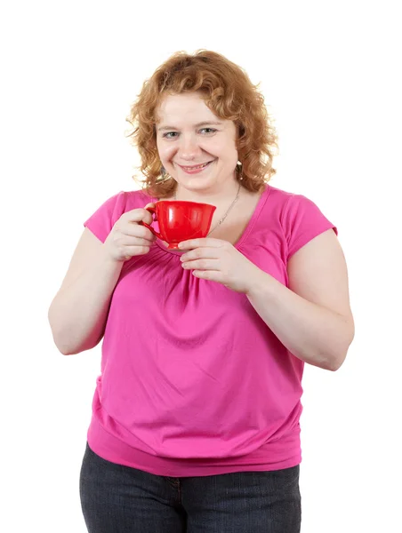 Товста неприваблива жінка з чашкою — стокове фото