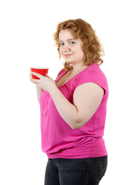 Gordura mulher feia com xícara de chá — Fotografia de Stock