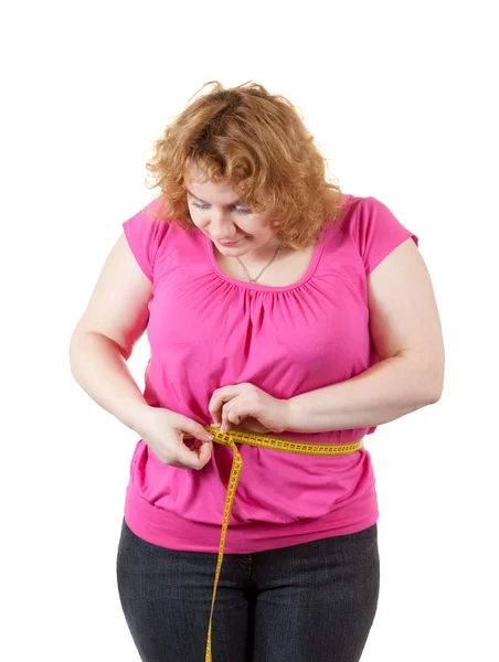Tlustá žena měřící pás — Stock fotografie