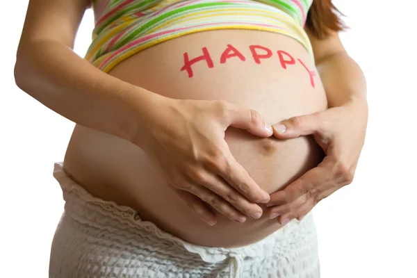 Mulher grávida com HAPPY — Fotografia de Stock