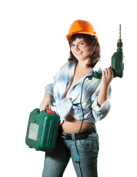 Pige i hård hat med værktøjskasse og boremaskine - Stock-foto