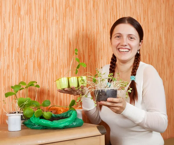 Vrouwelijke tuinman met spruiten — Stockfoto