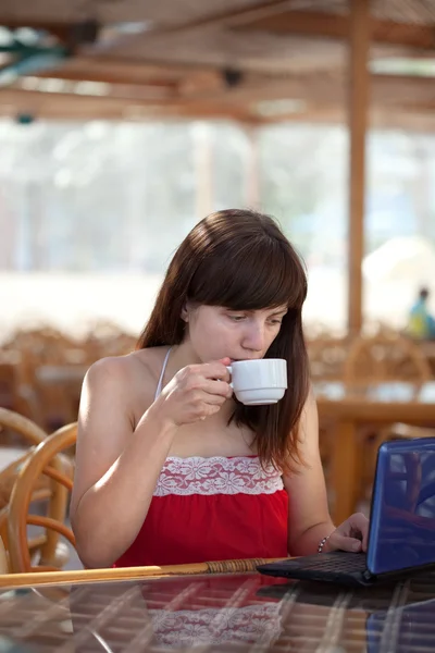 Donna che utilizza il computer portatile al caffè — Foto Stock