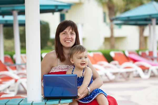 Gelukkig moeder en dochter met laptop — Stockfoto