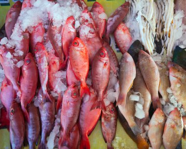 Raw fish on market counter clipart