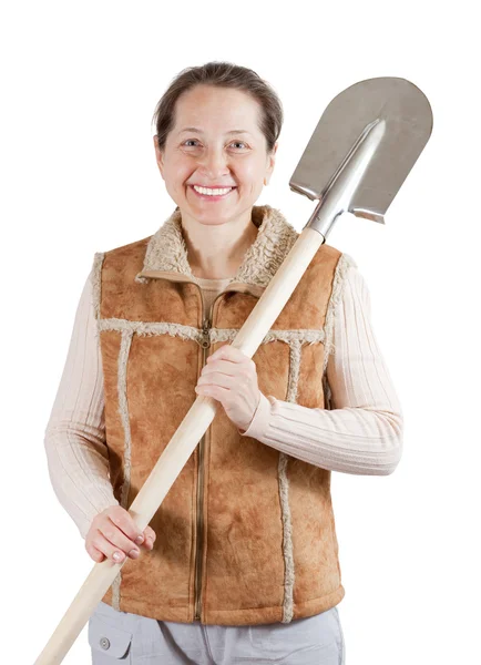 Happy famale farmer with spade — Stock Photo, Image