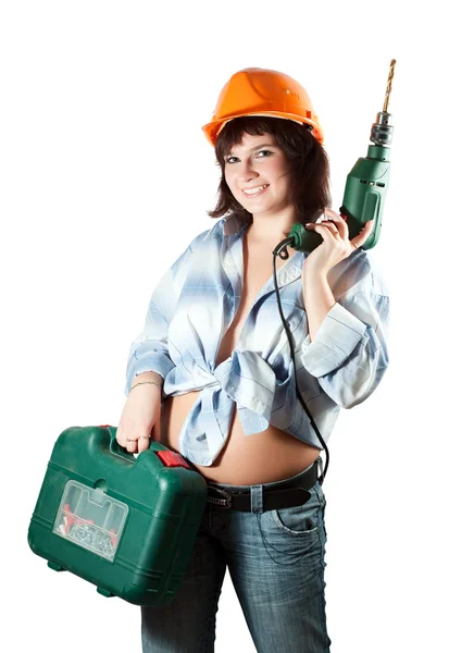 Girl with drill over white background — Stock Photo, Image