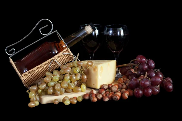 Wine with grapes and cheese — Stock Photo, Image