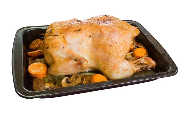 Baked chicken in roasting pan — Stock Photo, Image