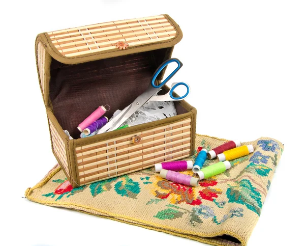 Handmade embroidery and box — Stock Photo, Image