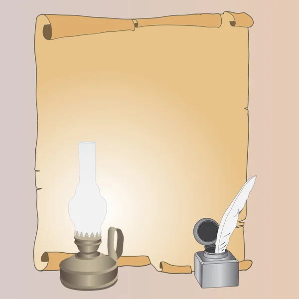 Старая бумага с чернильницей и лампой — стоковое фото