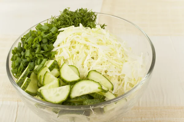 Salada de repolho precoce com pepinos e cebolas verdes — Fotografia de Stock