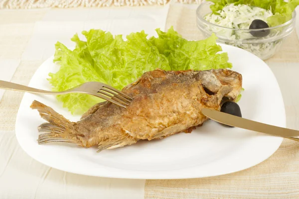 Carpa fritta di pesce e un'insalata di cavolo in anticipo — Foto Stock