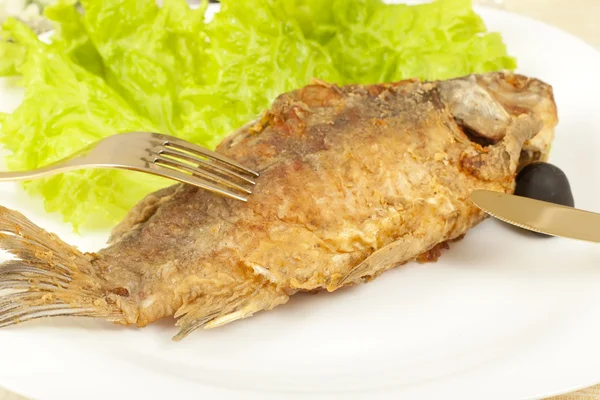 Carpa de pescado frito, y una ensalada de col temprana — Foto de Stock