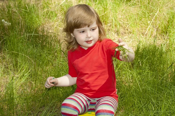 Een klein meisje, zittend op een stoel in het gras — Stockfoto