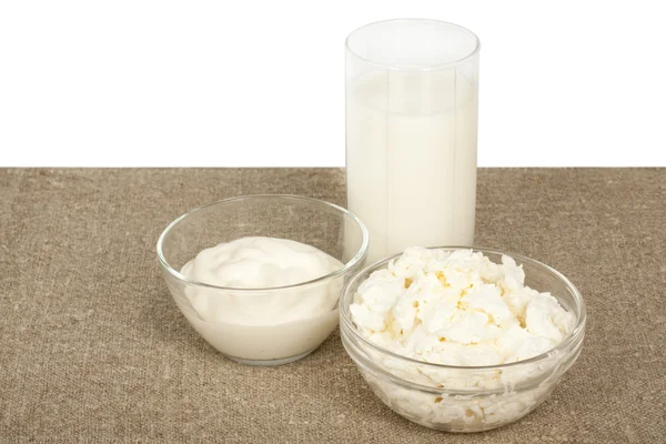 Productos lácteos: leche, queso, crema agria — Foto de Stock