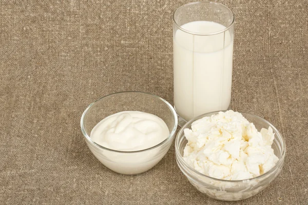Productos lácteos: leche, queso, crema agria — Foto de Stock