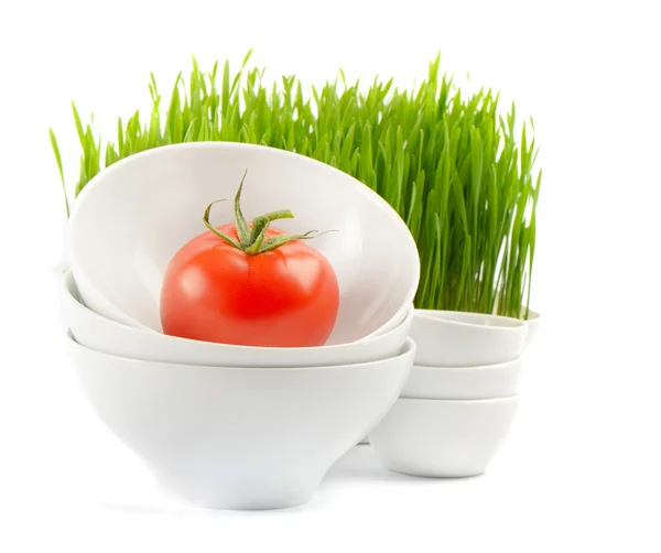 Healthy food - fresh tomato and Germinated Wheat seeds — Stock Photo, Image