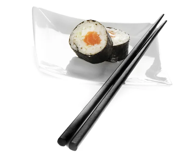 Salmon sushi on a white plate — Stock Photo, Image