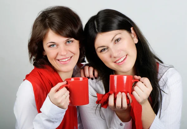 Two happy smiling young women drinking tea — Stock Photo, Image