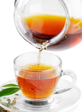 Tea being poured into tea cup isolated on a white background clipart