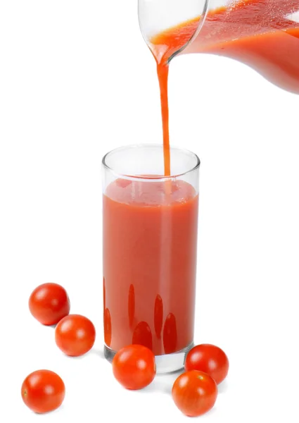 Fresh tomatoes and juice isolated on white — Stock Photo, Image