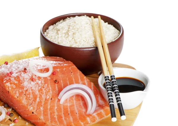 stock image Asian cousine - rice,salmon and soy sauce