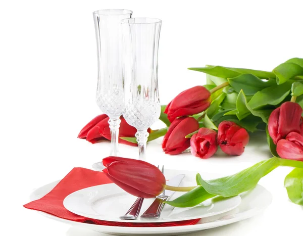 Instelling van de tabel met tulip - lentetijd fijn — Stockfoto