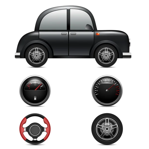 Αυτοκίνητο, ταχύμετρο, τιμόνι, ρόδα αυτοκινήτων και καυσίμων επίπεδο σε ένα — Διανυσματικό Αρχείο
