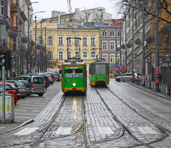 Vintage trams on a street of Poznan