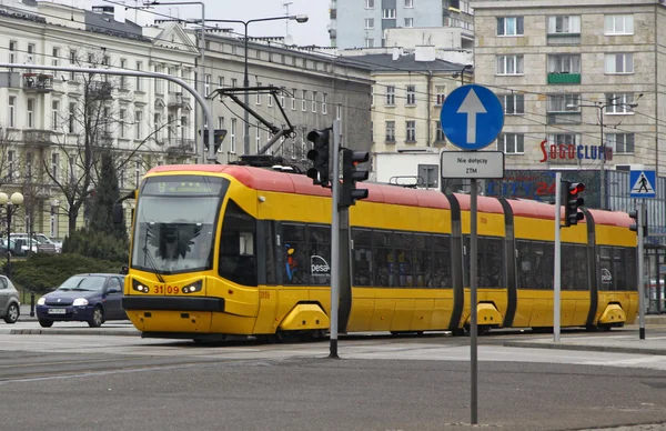 Modern tram on a street of Warsaw, Poland — Stock Photo, Image