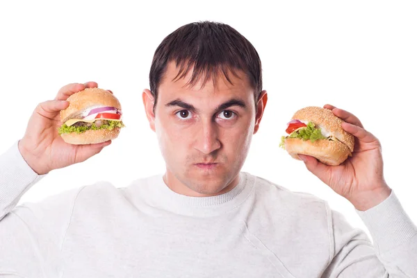 El hombre quiere una hamburguesa aislada — Foto de Stock