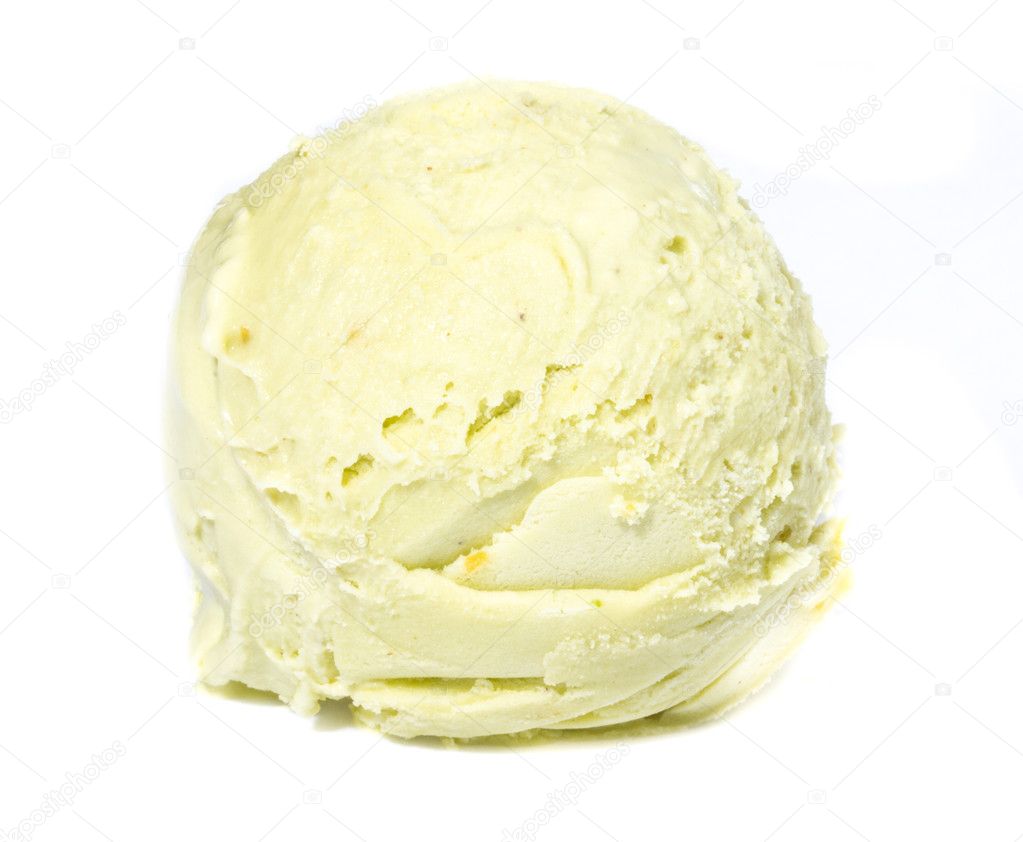 Scoop of pistachio ice cream from top on white background