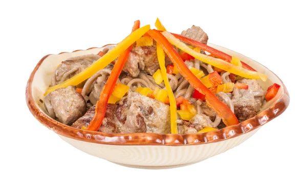 Macarrão estilo asiático com carne de porco, picante e delicioso delicioso — Fotografia de Stock